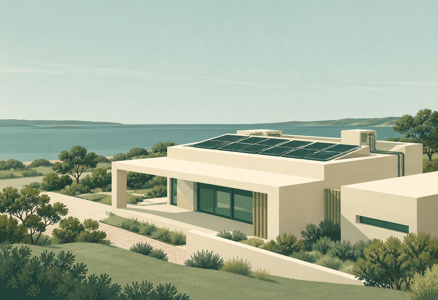 Conceptual illustration of solar panels integrated into a coastal building; not a UPC project